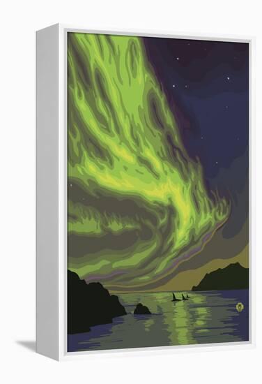 Northern Lights and Orcas-Lantern Press-Framed Stretched Canvas