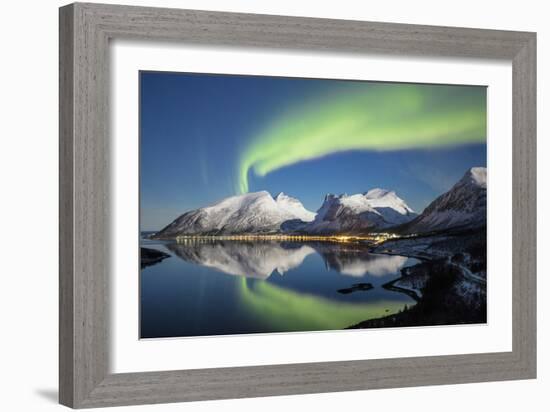 Northern lights and stars light up the snowy peaks reflected in sea, Bergsbotn, Senja, Norway-Roberto Moiola-Framed Photographic Print