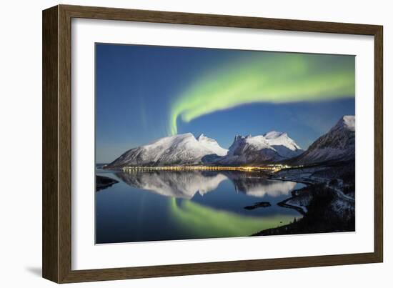 Northern lights and stars light up the snowy peaks reflected in sea, Bergsbotn, Senja, Norway-Roberto Moiola-Framed Photographic Print