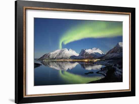 Northern lights and stars light up the snowy peaks reflected in sea, Bergsbotn, Senja, Norway-Roberto Moiola-Framed Photographic Print