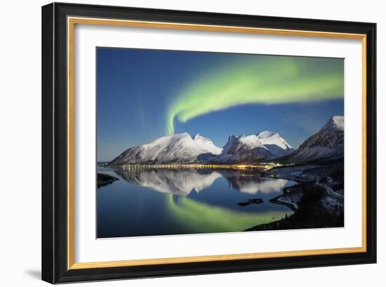 Northern lights and stars light up the snowy peaks reflected in sea, Bergsbotn, Senja, Norway-Roberto Moiola-Framed Photographic Print