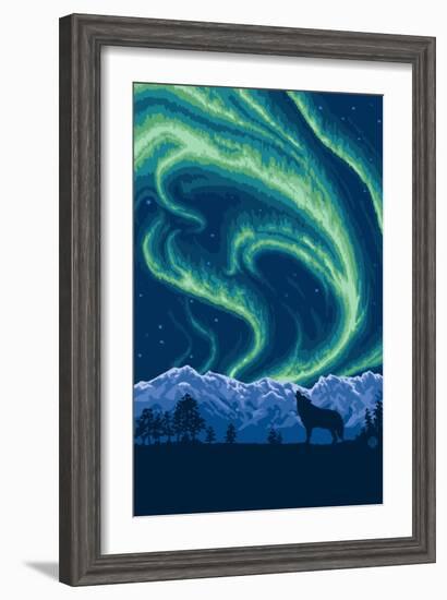 Northern Lights and Wolf-Lantern Press-Framed Art Print