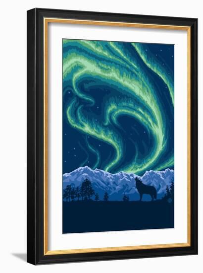 Northern Lights and Wolf-Lantern Press-Framed Art Print