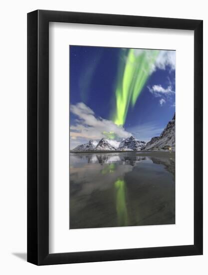 Northern Lights (Aurora Borealis) and Mountains Reflected in the Cold Waters-Roberto Moiola-Framed Photographic Print