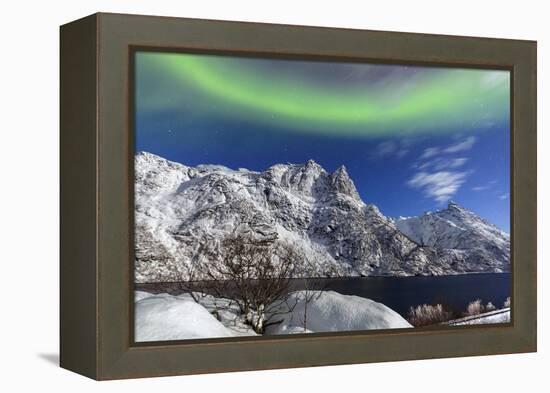 Northern Lights (Aurora Borealis) Illuminate the Snowy Peaks and the Blue Sky During a Starry Night-Roberto Moiola-Framed Premier Image Canvas