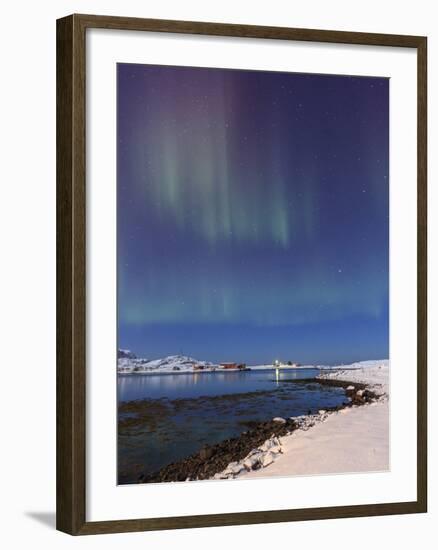 Northern lights (Aurora Borealis) on snowy peaks reflected, Volanstinden, Fredvang, North Norway-Roberto Moiola-Framed Photographic Print