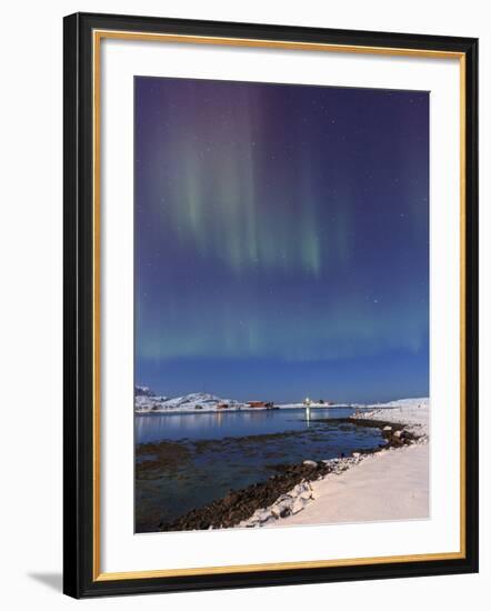 Northern lights (Aurora Borealis) on snowy peaks reflected, Volanstinden, Fredvang, North Norway-Roberto Moiola-Framed Photographic Print
