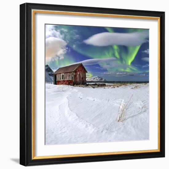 Northern Lights (Aurora Borealis) over an Abandoned Log Cabin Surrounded by Snow-Roberto Moiola-Framed Photographic Print