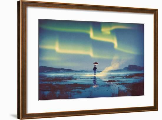 Northern Lights Aurora Borealis over Man Holding Glowing Umbrella,Illustration Painting-Tithi Luadthong-Framed Art Print