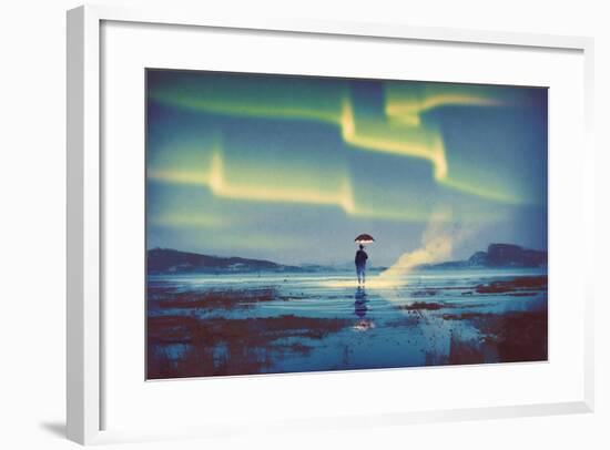 Northern Lights Aurora Borealis over Man Holding Glowing Umbrella,Illustration Painting-Tithi Luadthong-Framed Art Print