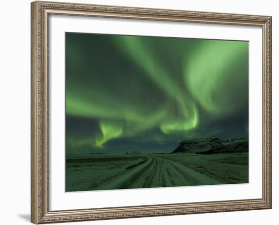 Northern Lights, Aurora Borealis, Winter Road With Snow, Iceland-Peter Adams-Framed Photographic Print