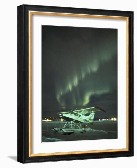 Northern Lights Illuminate a Snow-Covered Maule M-5, Fairbanks, Alaska, USA-Hugh Rose-Framed Photographic Print