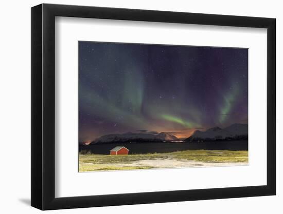 Northern Lights Illuminates the Wooden Cabin at Svensby, Lyngen Alps, Troms, Lapland, Norway-Roberto Moiola-Framed Photographic Print