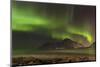 Northern lights over Flakstad and Skagsanden beach. The coast near Flakstad, island Flakstadoya. Th-Martin Zwick-Mounted Photographic Print