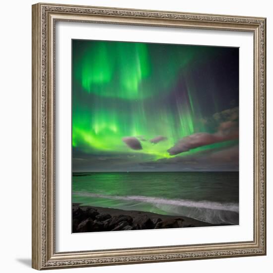 Northern Lights over the Waves Breakiing on the Beach in Seltjarnarnes, Reykjavik, Iceland-null-Framed Photographic Print