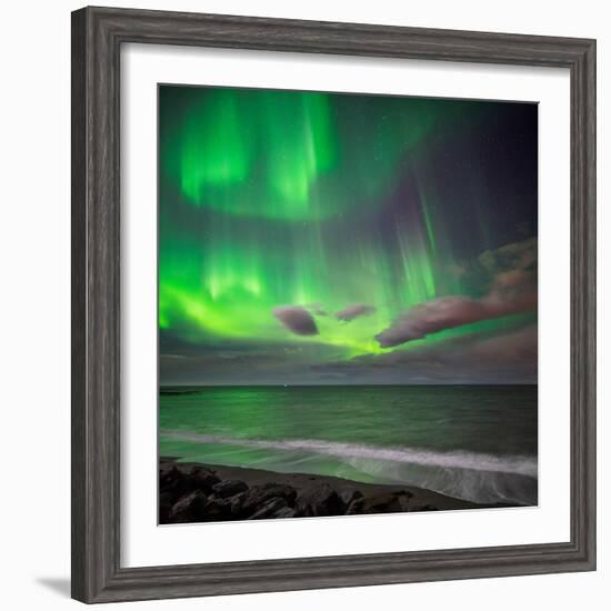 Northern Lights over the Waves Breakiing on the Beach in Seltjarnarnes, Reykjavik, Iceland-null-Framed Photographic Print