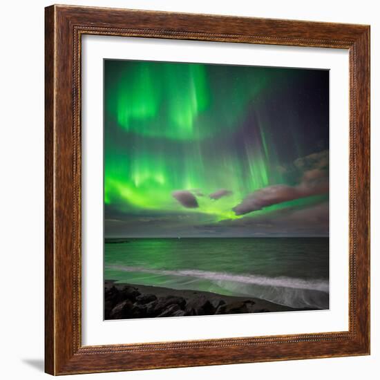 Northern Lights over the Waves Breakiing on the Beach in Seltjarnarnes, Reykjavik, Iceland-null-Framed Photographic Print