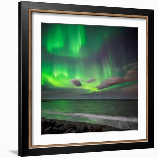 Northern Lights over the Waves Breakiing on the Beach in Seltjarnarnes, Reykjavik, Iceland-null-Framed Photographic Print