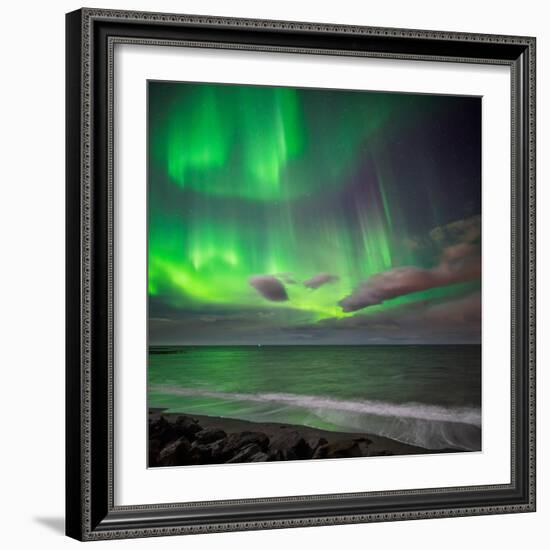 Northern Lights over the Waves Breakiing on the Beach in Seltjarnarnes, Reykjavik, Iceland-null-Framed Photographic Print