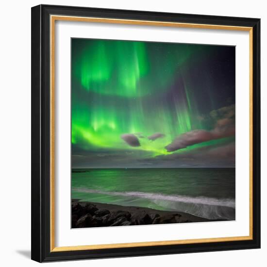 Northern Lights over the Waves Breakiing on the Beach in Seltjarnarnes, Reykjavik, Iceland-null-Framed Photographic Print