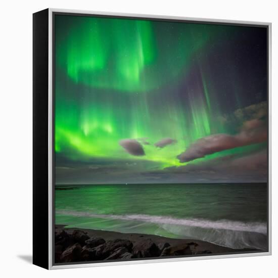 Northern Lights over the Waves Breakiing on the Beach in Seltjarnarnes, Reykjavik, Iceland-Ragnar Th Sigurdsson-Framed Premier Image Canvas