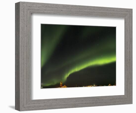 Northern Lights over town and frozen Disko Bay. Greenland.-Martin Zwick-Framed Photographic Print