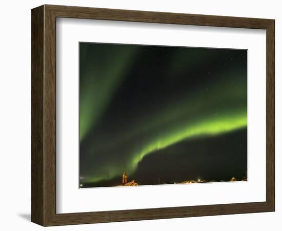 Northern Lights over town and frozen Disko Bay. Greenland.-Martin Zwick-Framed Photographic Print