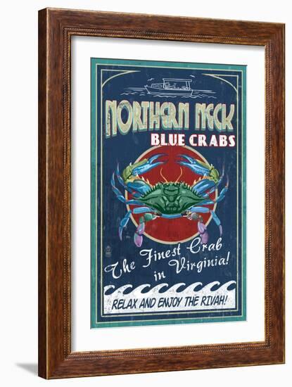 Northern Neck, Virginia - Blue Crab Vintage Sign-Lantern Press-Framed Art Print