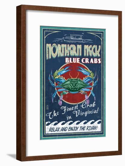 Northern Neck, Virginia - Blue Crab Vintage Sign-Lantern Press-Framed Art Print