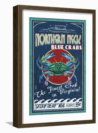 Northern Neck, Virginia - Blue Crab Vintage Sign-Lantern Press-Framed Art Print