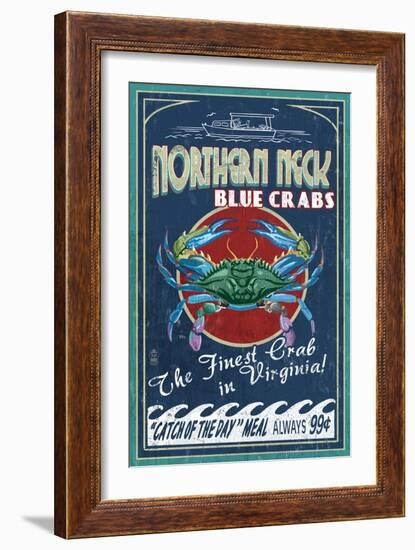 Northern Neck, Virginia - Blue Crab Vintage Sign-Lantern Press-Framed Art Print