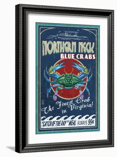 Northern Neck, Virginia - Blue Crab Vintage Sign-Lantern Press-Framed Art Print