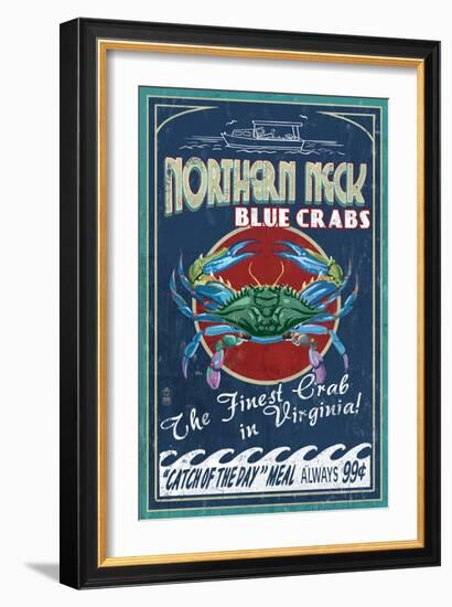 Northern Neck, Virginia - Blue Crab Vintage Sign-Lantern Press-Framed Art Print