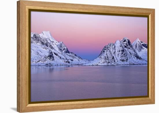 Norway, Lofoten, Moskenesoya, Kirkefjord, Pure Mountains-Bernd Rommelt-Framed Premier Image Canvas