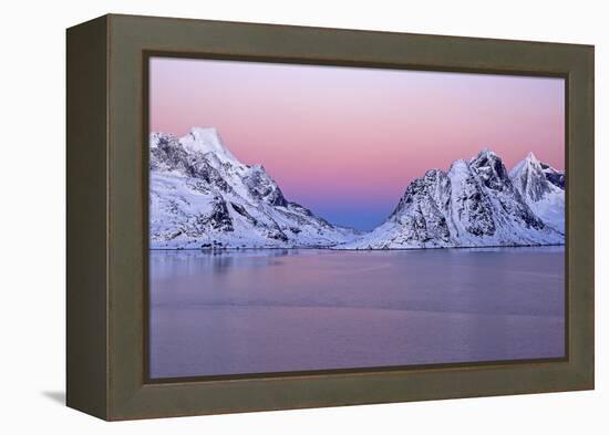 Norway, Lofoten, Moskenesoya, Kirkefjord, Pure Mountains-Bernd Rommelt-Framed Premier Image Canvas