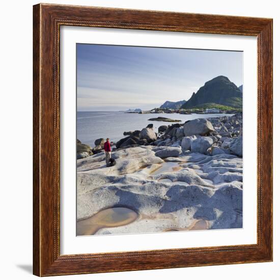 Norway, Nordland, Lofoten, Coast, Young Woman with Dog-Rainer Mirau-Framed Photographic Print