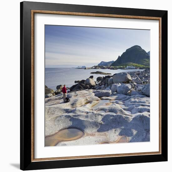 Norway, Nordland, Lofoten, Coast, Young Woman with Dog-Rainer Mirau-Framed Photographic Print