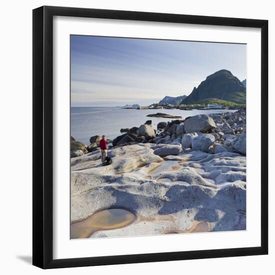 Norway, Nordland, Lofoten, Coast, Young Woman with Dog-Rainer Mirau-Framed Photographic Print