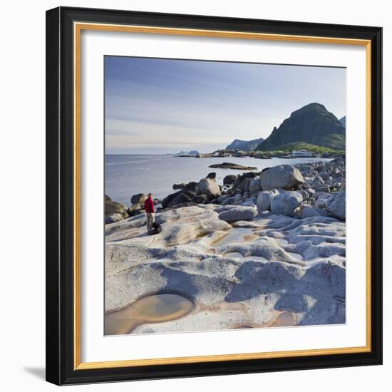 Norway, Nordland, Lofoten, Coast, Young Woman with Dog-Rainer Mirau-Framed Photographic Print