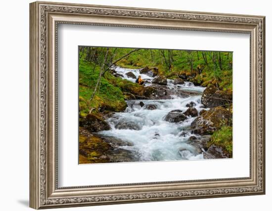 Norway, Nordland, Tysfjord. Woman sitting along Storelva, river that flows from Stetind mountain-Fredrik Norrsell-Framed Photographic Print