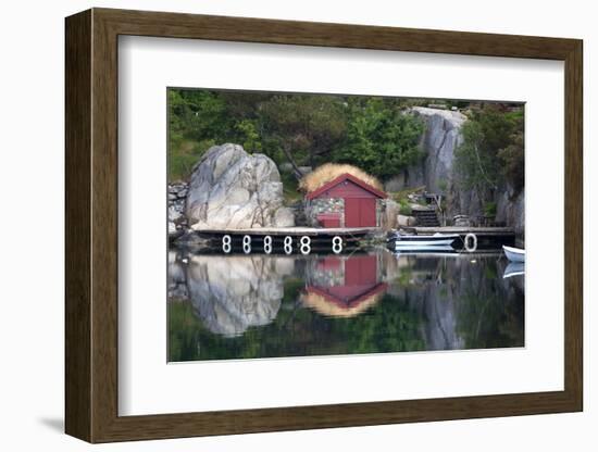 Norway, Stavanger. Boathouse, Dock, and Reflection on Lysefjord-Kymri Wilt-Framed Photographic Print