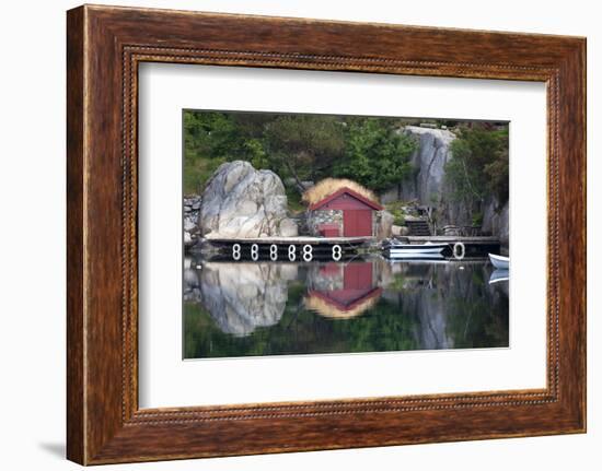 Norway, Stavanger. Boathouse, Dock, and Reflection on Lysefjord-Kymri Wilt-Framed Photographic Print
