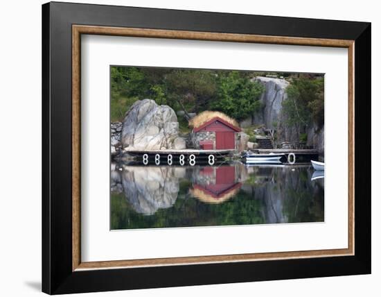 Norway, Stavanger. Boathouse, Dock, and Reflection on Lysefjord-Kymri Wilt-Framed Photographic Print