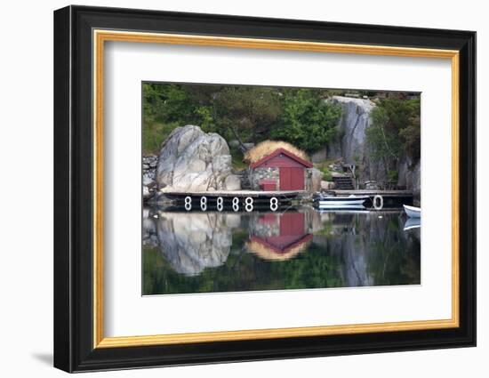 Norway, Stavanger. Boathouse, Dock, and Reflection on Lysefjord-Kymri Wilt-Framed Photographic Print