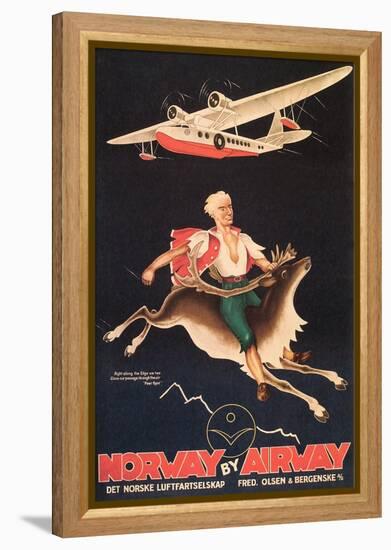 Norway Travel Poster, Man on Caribou-null-Framed Stretched Canvas