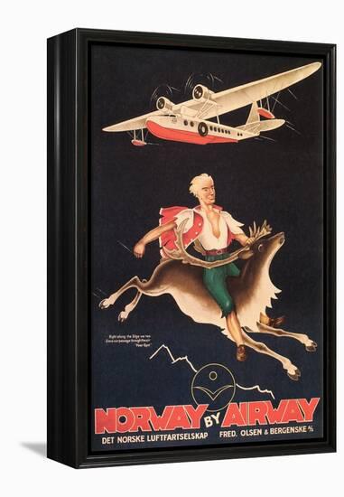 Norway Travel Poster, Man on Caribou-null-Framed Stretched Canvas