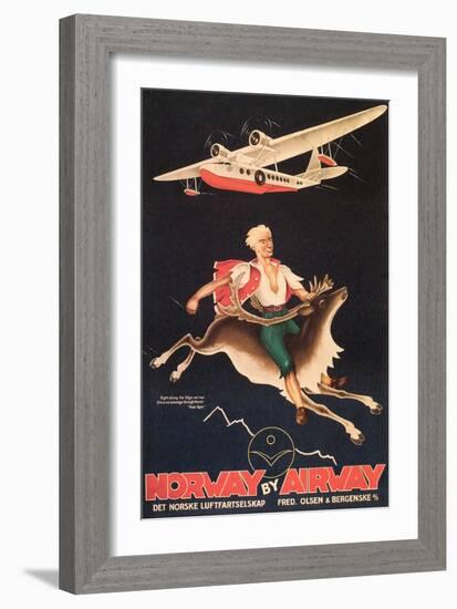 Norway Travel Poster, Man on Caribou-null-Framed Art Print