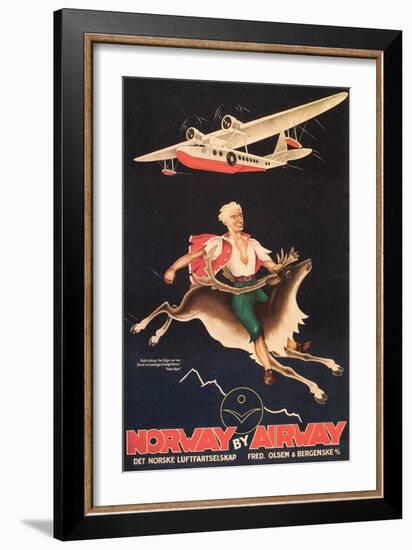 Norway Travel Poster, Man on Caribou-null-Framed Art Print