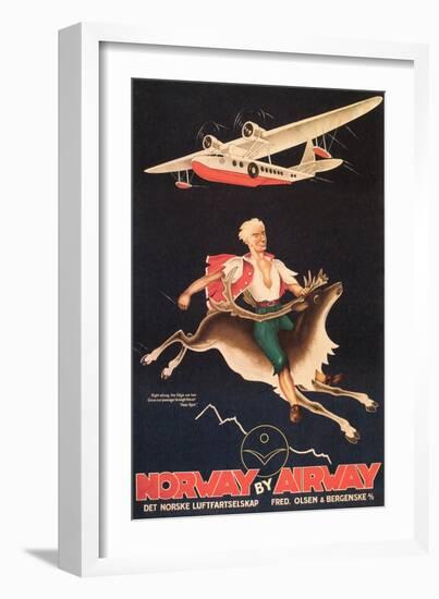Norway Travel Poster, Man on Caribou-null-Framed Art Print