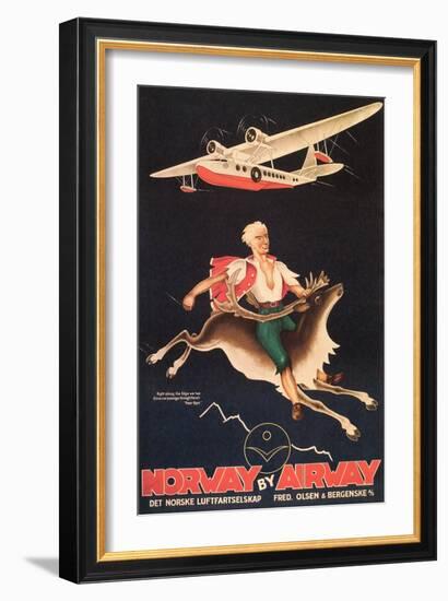 Norway Travel Poster, Man on Caribou-null-Framed Art Print